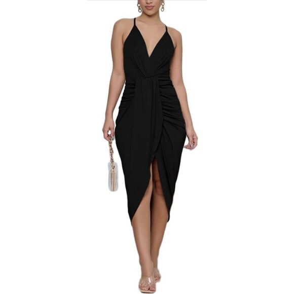 NEW LYANER V Neck Ruched Wrap Slit Spaghetti Strap Midi Dress S - Picture 1 of 5